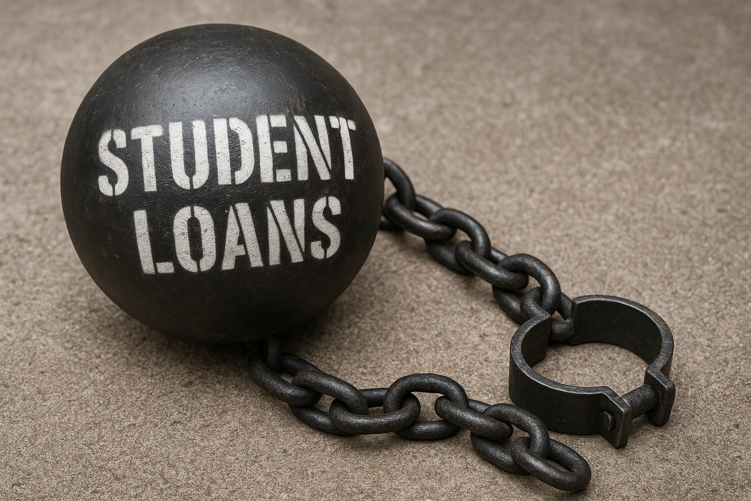 A photo of a ball and chain depicting student loans.
